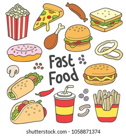 Fastfood cartoon illustration. Vector collection of fastfoods in doodle style, isolated over white background