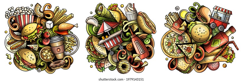 Fastfood cartoon vector doodle designs set. Colorful detailed compositions with lot of street food objects and symbols. Isolated on white illustrations