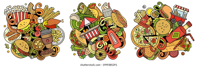 Fastfood cartoon vector doodle designs set. Colorful detailed compositions with lot of street food objects and symbols. Isolated on white illustrations