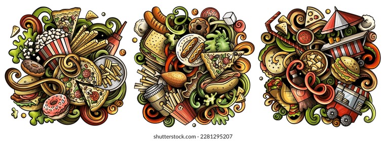 Fastfood cartoon vector doodle designs set. Colorful detailed compositions with lot of street food objects and symbols. Isolated on white illustrations