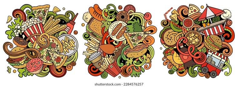 Fastfood cartoon vector doodle designs set. Colorful detailed compositions with lot of street food objects and symbols. Isolated on white illustrations
