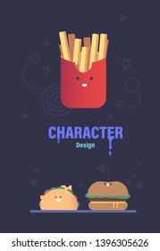  fastfood character design . 3 cute vector characters . Fastfood vector illustration