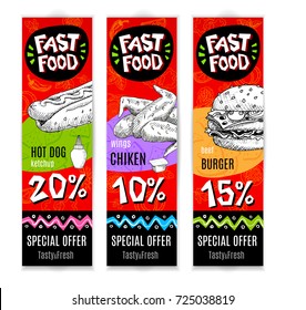 Fastfood colorful modern banners set. Bright Cool food sketches composition. Fast food labels. Special offer. Tasty fresh. Hand drawn vector illustration
