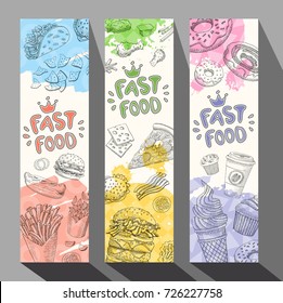 Fastfood colorful modern banners set. Bright Cool food sketches composition. Fast food labels. Special offer. Tasty fresh. Hand drawn vector illustration.