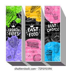Fastfood colorful modern banners set. Bright Cool food sketches composition. Fast food labels. Special offer. Tasty fresh. Hand drawn vector illustration.