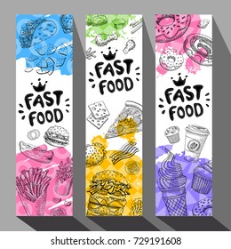 Fastfood colorful modern banners set. Bright Cool food sketches composition. Fast food labels. Special offer. Tasty fresh. Hand drawn vector illustration.