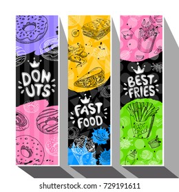 Fastfood colorful modern banners set. Bright Cool food sketches composition. Fast food labels. Special offer. Tasty fresh. Hand drawn vector illustration.