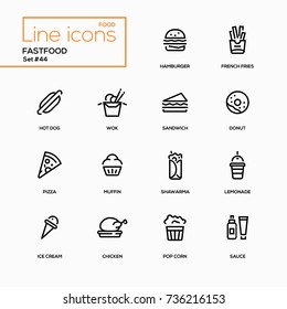 Fastfood Concept - Line Design Icons Set. American Diet, Snacks - Hamburger, French Fries, Hot Dog, Wok, Sandwich, Donut, Pizza, Muffin, Shawarma, Lemonade, Ice Cream, Chicken, Pop Corn, Sauce