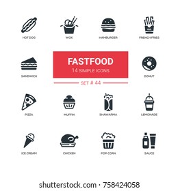 Fastfood Concept - Line Design Icons Set. American Diet, Snacks - Hamburger, French Fries, Hot Dog, Wok, Sandwich, Donut, Pizza, Muffin, Shawarma, Lemonade, Ice Cream, Chicken, Pop Corn, Sauce