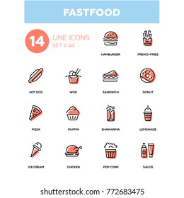 Fastfood concept - line design icons set. American diet, snacks - hamburger, french fries, hot dog, wok, sandwich, donut, pizza, muffin, shawarma, lemonade, ice cream, chicken, pop corn, sauce