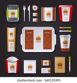 Fastfood corporate identity with set of packaging and tray visit cards notepad and pen isolated vector illustration
