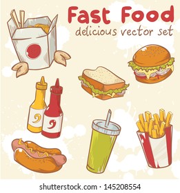 Fastfood delicious hand drawn vector set with burger, hot dog and french fries