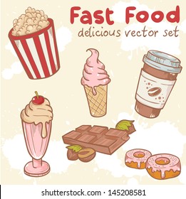 Fastfood delicious hand drawn vector set with tasty sweets, ice cream, Popcorn and chocolate