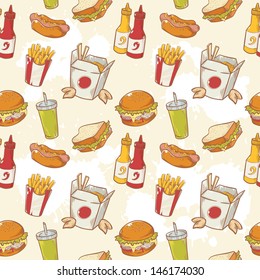 Fastfood delicious hand drawn vector seamless pattern with burger, hot dog and french fries