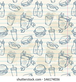 Fastfood delicious hand drawn vector seamless pattern with burger, hot dog and french fries on note paper sheet