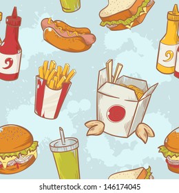 Fastfood delicious hand drawn vector seamless pattern with burger, hot dog and french fries