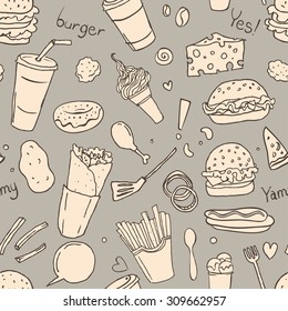 Fastfood delicious hand drawn vector seamless doodles pattern with burgers, hot dogs and french fries, and other  on note paper sheet