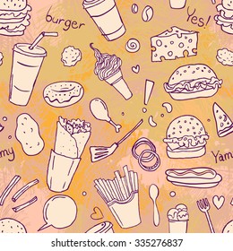 Fastfood delicious hand drawn vector seamless doodles pattern with burgers, hot dogs and french fries, and other on note paper sheet