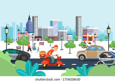 Fastfood delievery, scooter with burger at road, vector illustration. Fast restaurant service transportation flat food for customer. Man worker character deliver hamburger lunch at high speed.