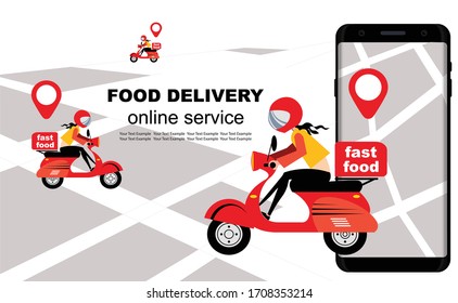 Fastfood delivery by scooter on mobile, smartphone. E-commerce concept. Online food order. Webpage, app design. Perspective vector. Girl on a red scooter.