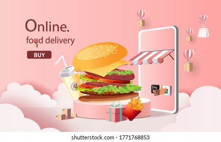 entrega de comida rápida con smartphone tienda en línea ilustración vector para web de aplicaciones gráfico de marketing 