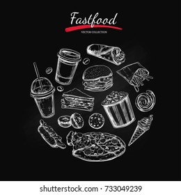 Fastfood dishes with drinks .   Hand drawn  Isolated vector objects. Hamburger, pizza, hot dog,  cheeseburger, coffee and soda cups, ice cream ,  french fries, popcorn , donuts, rolls, sandwich