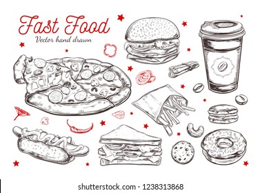 Fastfood dishes with drinks . Vector Hand drawn  Isolated vector objects. Hamburger, pizza, hot dog,  cheeseburger, coffee cup,  french fries, donut, sandwich