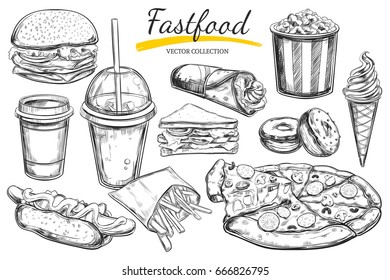 Fastfood dishes with drinks . Vector Hand drawn  Isolated vector objects. Hamburger, pizza, hot dog,  cheeseburger, coffee and soda cups, ice cream ,  french fries, popcorn , donuts, rolls, sandwich
