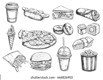 Fastfood dishes with drinks . Vector Hand drawn  Isolated vector objects. Hamburger, pizza, hot dog,  cheeseburger, coffee and soda cups, ice cream ,  french fries, popcorn , donuts, rolls, sandwich