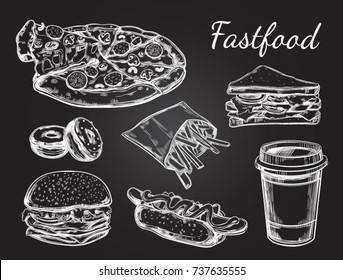 Fastfood dishes with drinks. Vector Hand drawn  Isolated vector objects. Hamburger, pizza, hot dog, cheeseburger, coffee and soda cups, ice cream, french fries, popcorn, donuts, rolls, sandwich