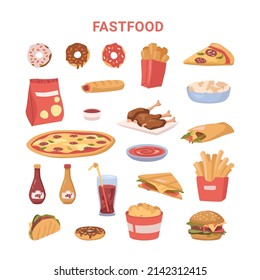 Fastfood dishes and meal products variety. Vector in flat style, donuts with chocolate glazing, french fries and pizza slice. Hot dog and burrito, soda sweet beverage and burger with chicken