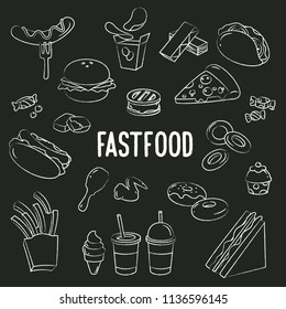 Fastfood Doodle on blackboard background.