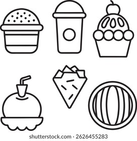 Fastfood drink items set black line art design clearing with white background.