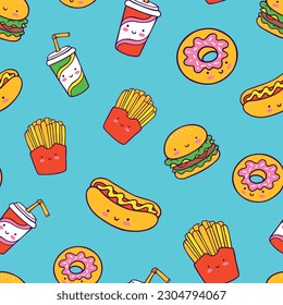 Fastfood and drinks flying abstract seamless pattern. Childish snack characters vector images on blue background. Hand-drawn cartoon icons