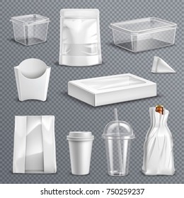 Fastfood Empty Blank Packages Realistic Templates Set With Clear Plastic Coke Mug And Containers Transparent Background Vector Illustration