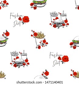 Fastfood fashion seamless pattern with rose flowers. Beautiful vector pattern with fast food dishes: fried potato, hamburger, cold drinks. Modern tracery on white background in vintage style.