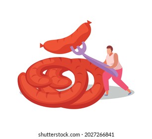 Fastfood flat composition with male character holding fork with fat sausages vector illustration