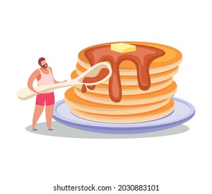 Fastfood flat composition with male character holding spoon with stack of pancakes on plate vector illustration