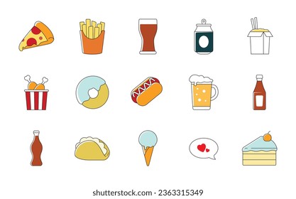 Fastfood flat line icon set. Street food color icon. Vector illustration