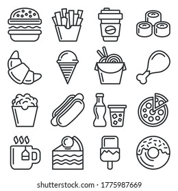 Fastfood and Food Court Icons Set. Line Style Vector