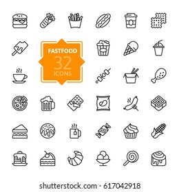 Fastfood, Food court - outline web icon set, vector, thin line icons collection
