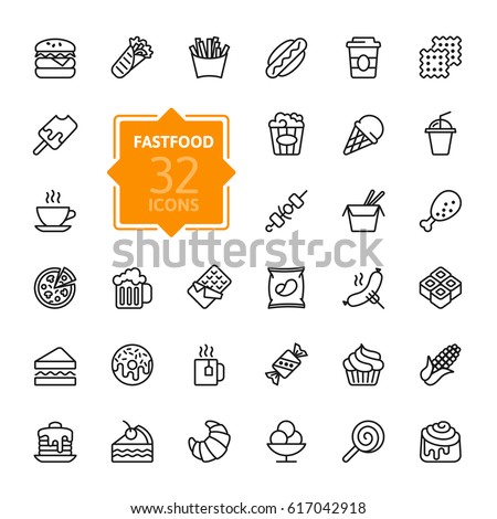 Fastfood, Food court - outline web icon set, vector, thin line icons collection