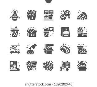 Fastfood food and drink. Fast food restaurant, burger and pizza shop store. Menu for restaurant and cafe. Vector Solid Icons. Simple Pictogram