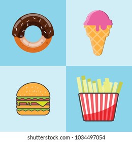Fastfood with French fries  Hamburger Donut and Icecream.