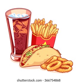 Fast-food: glass of cola, french fries, tacos and onion rings. Delicious food isolated on the white background. Vector cartoon illustration.