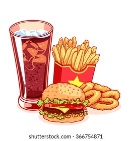 Fast-food: glass of cola, french fries, hamburger and onion rings. Delicious food isolated on the white background. Vector cartoon illustration.