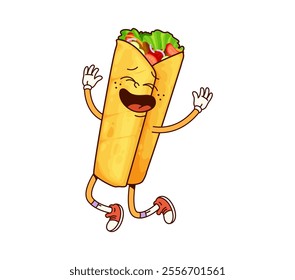 Fastfood groovy shawerma happy smiling character. Street menu shawerma or doner wrap funny funky character, durum or kebab cartoon isolated vector personage. Takeaway fast food cafe meal cute mascot