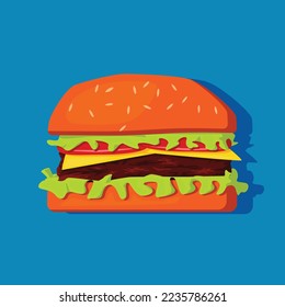 fastfood hamburger in flat style. Colorful vector illustration. Tasty burger on blue backgropund