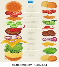 Fastfood. Hamburger ingredients with text. Vector illustration