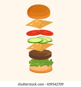 Fastfood. Hamburger ingredients vector illustration. Flying ingredients of hamburger ingredients. Fast food hamburger ingredients unhealthy, cheddar american fast food lunch.